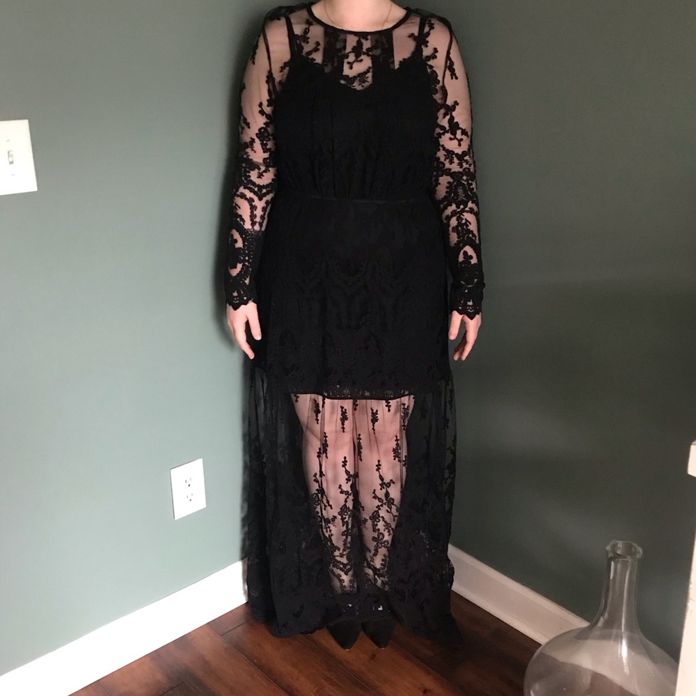 Free People embroidered long sleeve black lace maxi dress